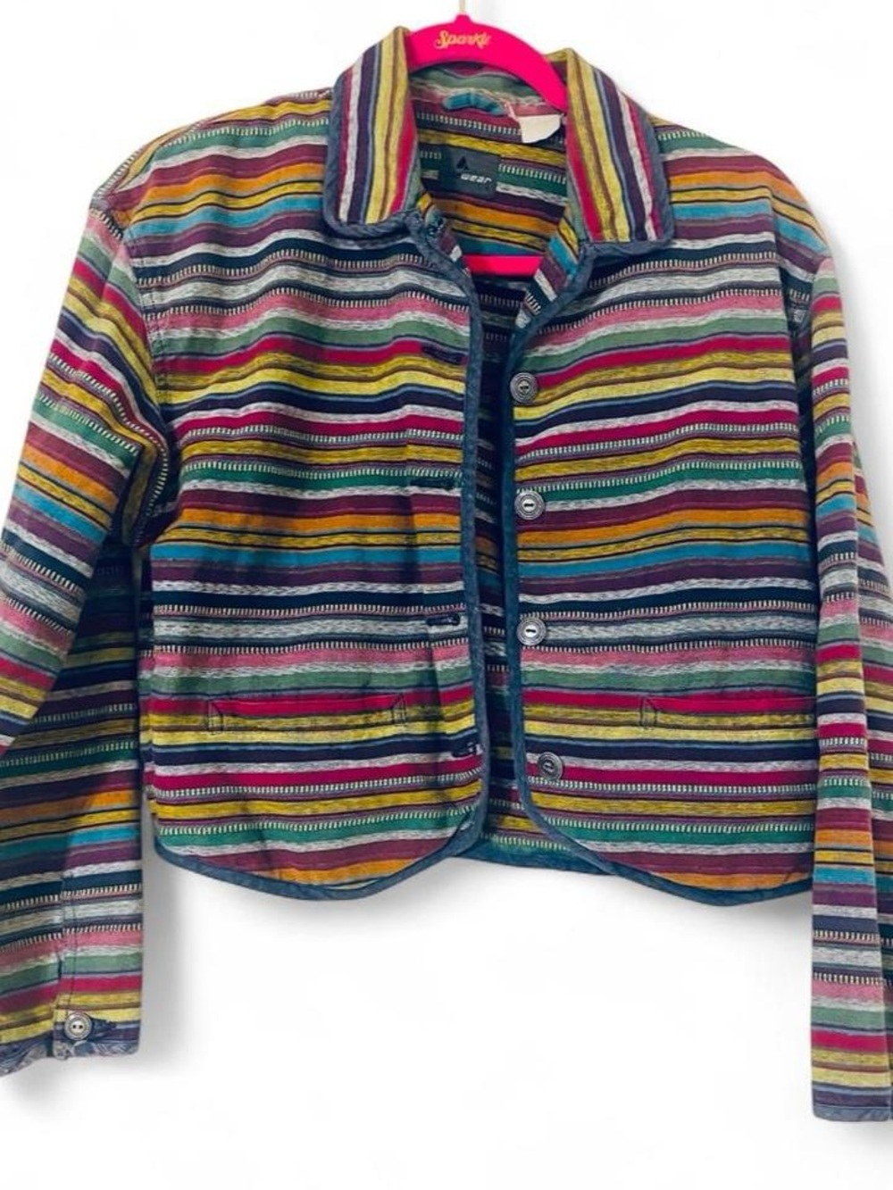 Vintage 90’s Lizwear Rainbow Striped Frayed Cropped Jacket M Petite Spare Button